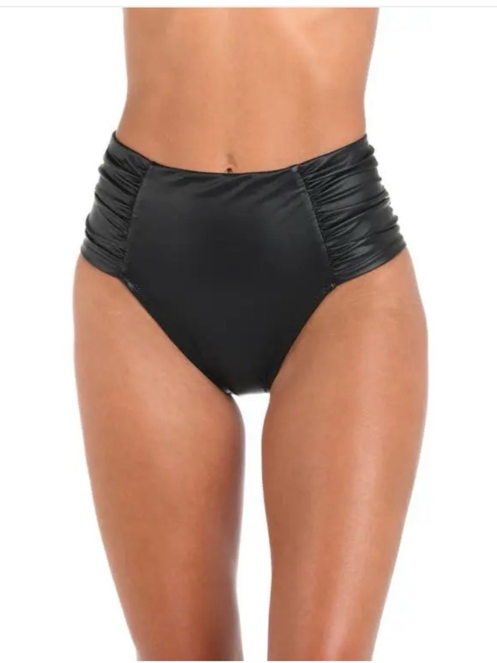 L’AGENCE Vanessa High Waist Bikini Bottom Black Faux Leather M Shirred Luxe Swim